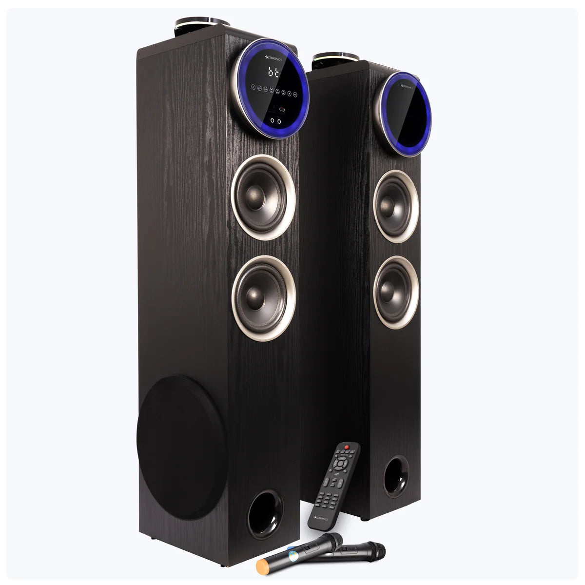 Zebronics Zeb BTM8801RUCF Tower Speaker, 200 Watts, HDMI ARC, Coaxial in, Supports Bluetooth, AUX, USB, Karaoke, Dual UHF Wireless Mic, Bass