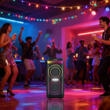 AIWA AW-PS702 black Bluetooth party speaker front and side view