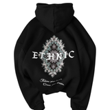 Men’s Ethnic Printed Winter Hoodie – Black Premium Hooded Sweatshirt with Kangaroo Pocket