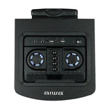 AIWA AW-TR102 speaker top control panel showing microphone inputs, AUX, USB, TF card slot, power switch and volume controls