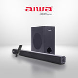 Aiwa Kabuki AW-SSB180 black soundbar and subwoofer system with remote control, designed in Japan