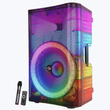 Zebronics Glow Box 15A party speaker with colorful RGB LED lighting, up to 6 hours of battery backup, and built-in rechargeable battery.