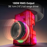 Zebronics Glow Box 15A featuring 180W RMS output and a 38.1cm (15-inch) full-range speaker driver with vibrant RGB lighting.