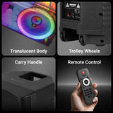 Zebronics Glow Box 15A party speaker with translucent body, trolley wheels, carry handle, and remote control for easy portability.