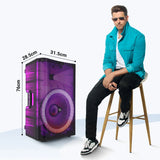 Zebronics Glow Box 15A 15-inch party speaker dimensions showing 76cm height, 31.5cm width, and 28.5cm depth.