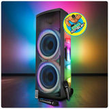 Front view of ZEBRONICS Glow Box 15B Bluetooth DJ party speaker with RGB LED lighting and wireless microphones