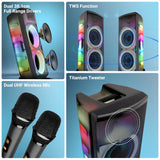 Features of ZEBRONICS Glow Box 15B including dual 15-inch drivers, titanium tweeter, TWS and dual wireless microphones