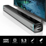 Zebronics Juke Bar 9550 Pro Dolby Audio soundbar placed below a TV with HDMI ARC optical AUX and USB connectivity