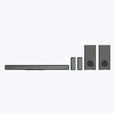 Zebronics Juke Bar 9550 Pro soundbar system showing soundbar dual wireless subwoofers and two rear satellite speakers