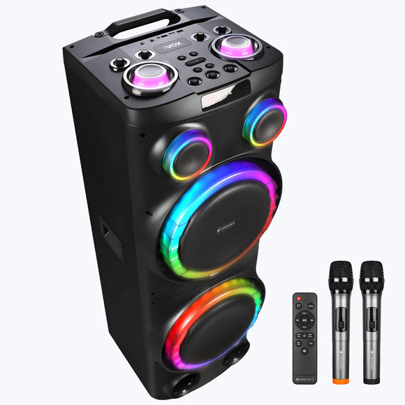ZEBRONICS VOX DJ Party Bluetooth Speaker, 220W, Upto 10h Playback, Karaoke, BT v5.3 | TWS | USB | 2X Mic Input | Aux | SD | FM, Multicolor LED, 2 x 12 Drivers, Dual UHF Wireless Mic