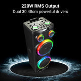 ZEBRONICS VOX DJ Party Bluetooth Speaker, 220W, Upto 10h Playback, Karaoke, BT v5.3 | TWS | USB | 2X Mic Input | Aux | SD | FM, Multicolor LED, 2 x 12 Drivers, Dual UHF Wireless Mic