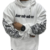 Korah Vibes White Hoodie for Men – Tribal Sleeve Print Streetwear Winter Sweatshirt